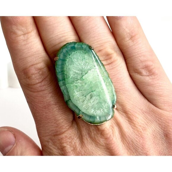 XL Green Agate Stone Vintage Polished Solitaire Sterling Silver Ring - sz 7.5 - Picture 1 of 10